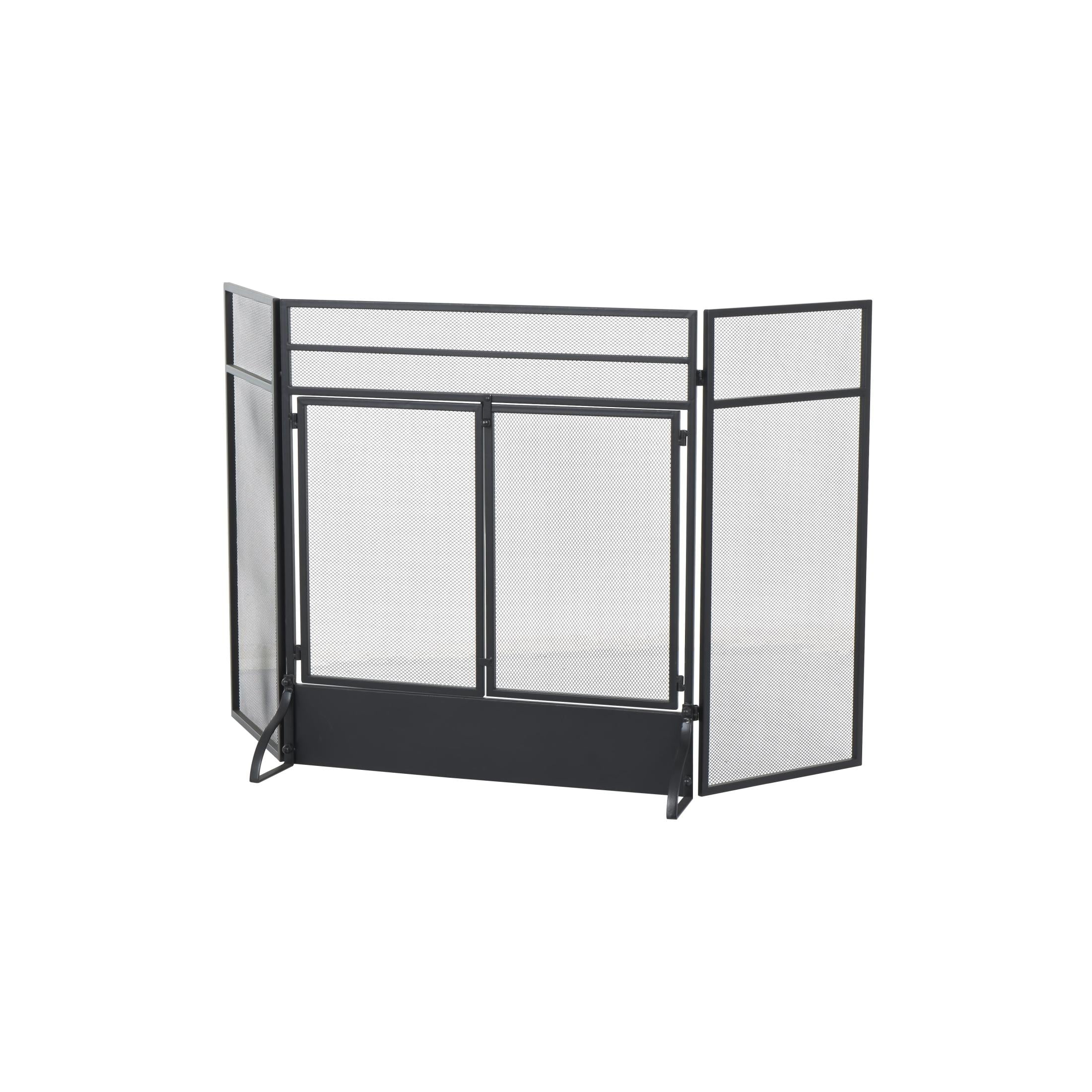 DecMode 27" x 30" Black Metal 3 Panel and 2 Door Geometric Fireplace Screen with Mesh Backing, 1-Piece