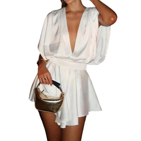 Women'S Deep V Neck Sleeveless Backless Blazer Romper Short Jumpsuit White XL