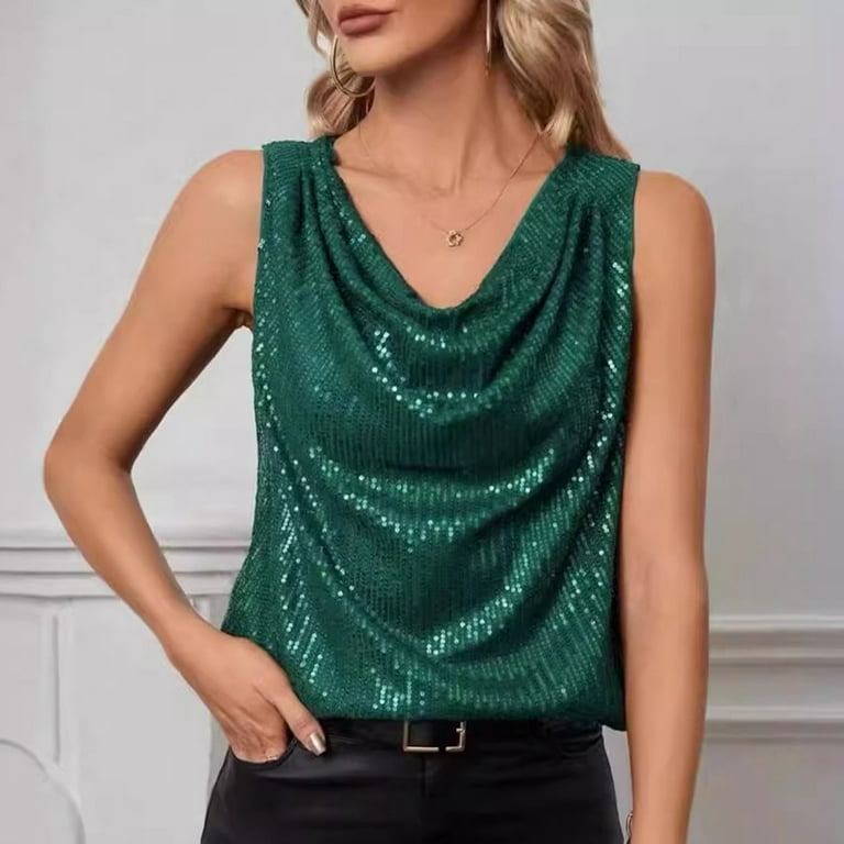 Fashionable Sexy V Neck Sleeveless Sequin Top For Women Loose Fit