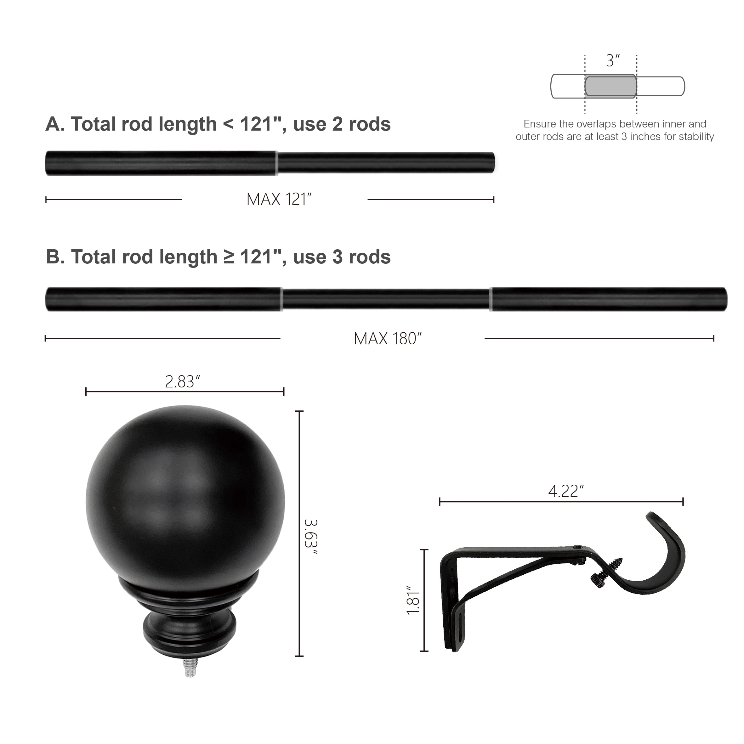 Better Homes & Gardens 1” Oil Rubbed Bronze Metal Ball Single Curtain Rod 120-180”