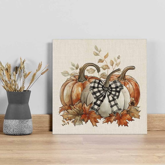 Orange Grey Pumpkins Fall Wall Art Painting on Canvas, Thanksgiving Rustic Canvas Art Home Prints Wall Art Framed Modern Artwork for Living Room Bedroom Wall Decor 16x16in