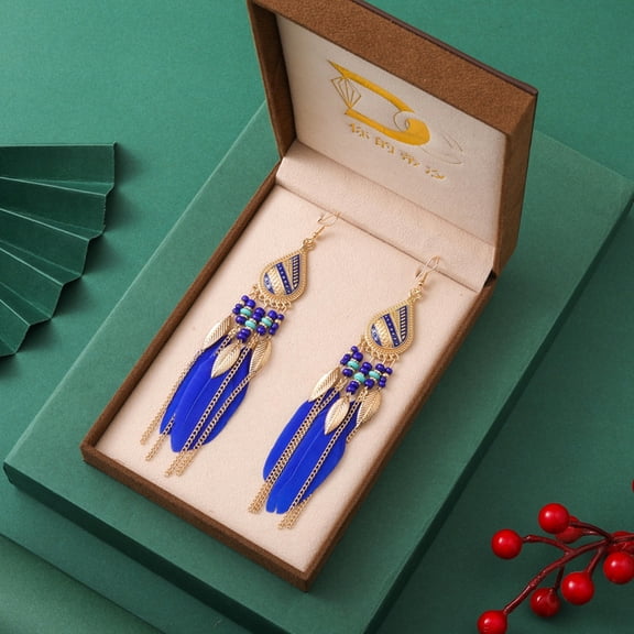 HOOUN Feather Bohemian Style Rice Bead Earrings Long Water Drop Tassel Earrings-DC1355-9