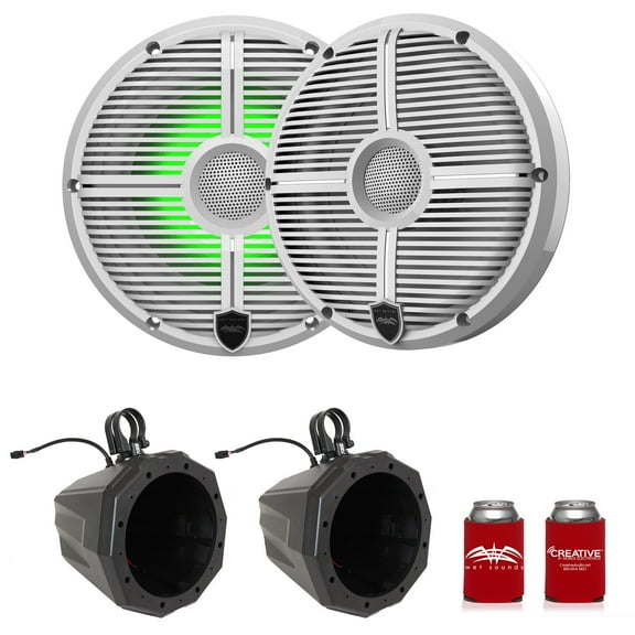 Wet Sounds Recon8-XWW-RGB 8" White Grill RGB Marine Speakers with US2-C8U-175 Black Speaker Pod with 1.75" Roll Bar Clamps