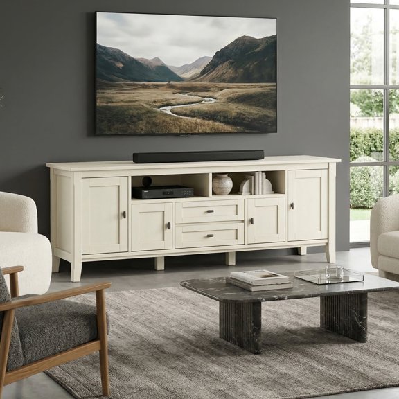 Simpli Home Warm Shaker 72 inch Wide Solid Wood TV Stand in Antique White For TVs up to 80 inches