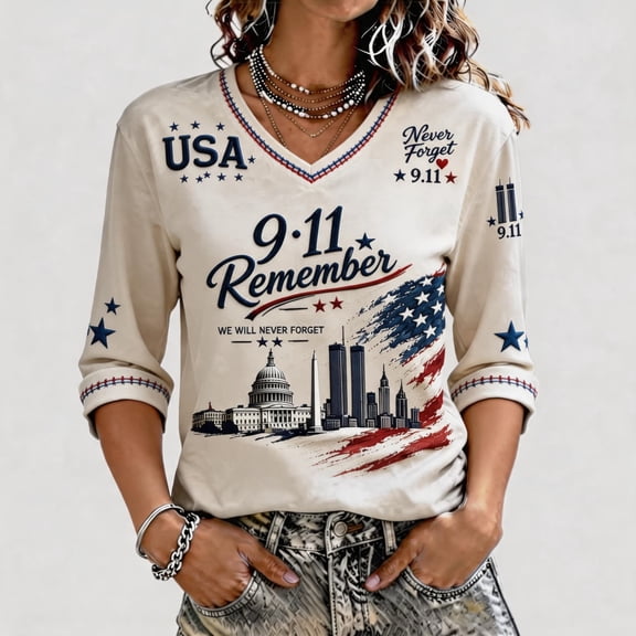 Women's 9/11 25th Anniversary Shirt, Never Forget Memorial Graphic V Neck 3/4 Sleeve Top, Patriotic Twin Towers 2001-2026 T-Shirt