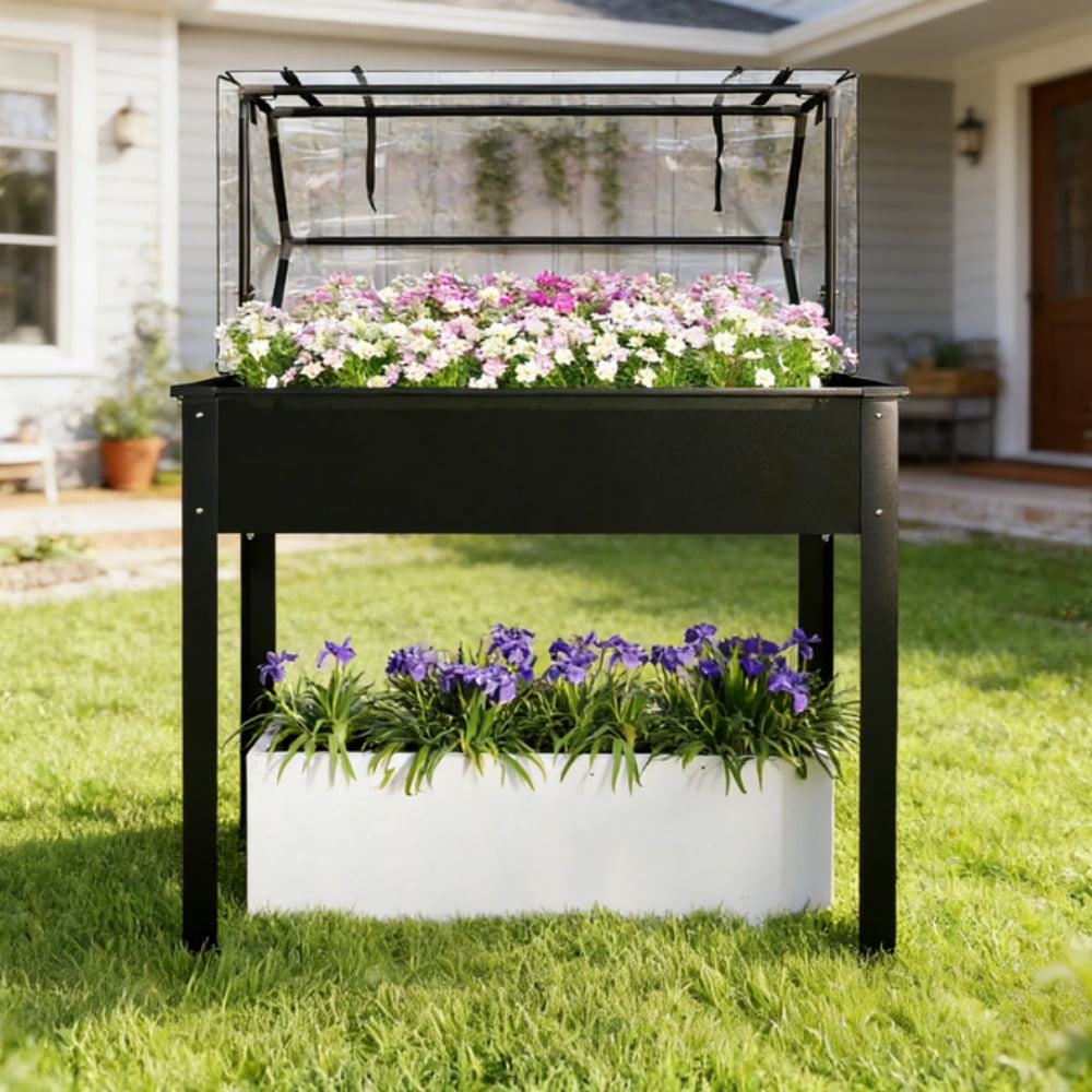 2-in-1 Raised Planter Box with Greenhouse Cover, Elevated Garden Bed with Flip-Up Door, Metal Steel Frame, Drainage Hole, 110 Lbs Capacity for Outdoor Plants Vegetables Herbs