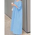 thumbnail image 5 of sicmoss Women's Blue Cotton Striped Gingham Swing Dress Crew Neck Loose Fit Midi Lantern Sleeve, 5 of 7