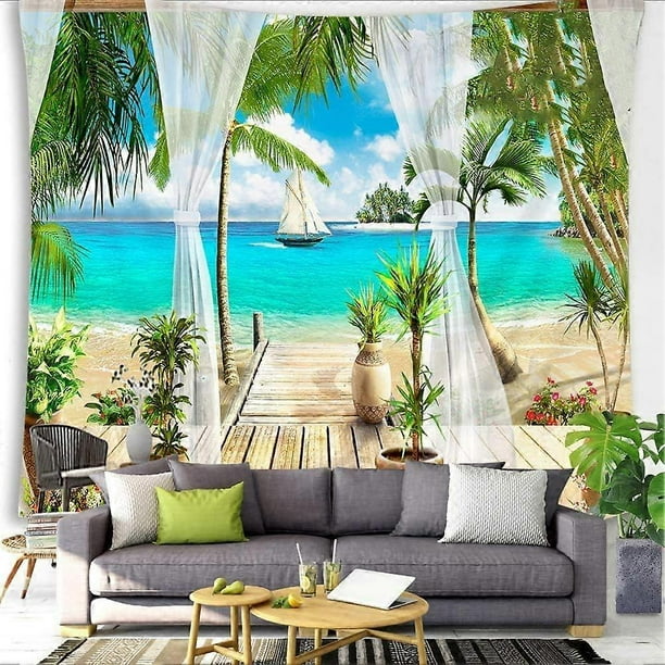 Tapiz de decoración de playa, vista de palmeras, isla tropical oceánica, balcón, paisaje tropical de verano, tapiz de naturaleza para colgar en la pared, dormitorio, sala de estar y dormitorio.
