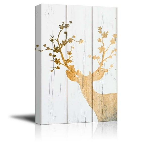 wall26 - Canvas Wall Art - Deer with Flowers in Antlers on Wooden Style Background - Gallery Wrap Modern Home Art | Ready to Hang - 32x48 inches
