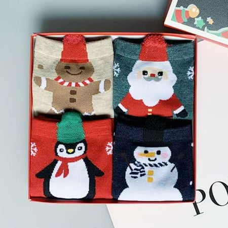 

VERMON Xmas Mid Tube Socks 4 Pairs Keep Warm Cartoon Cute Fox Santa Claus Christmas Stockings