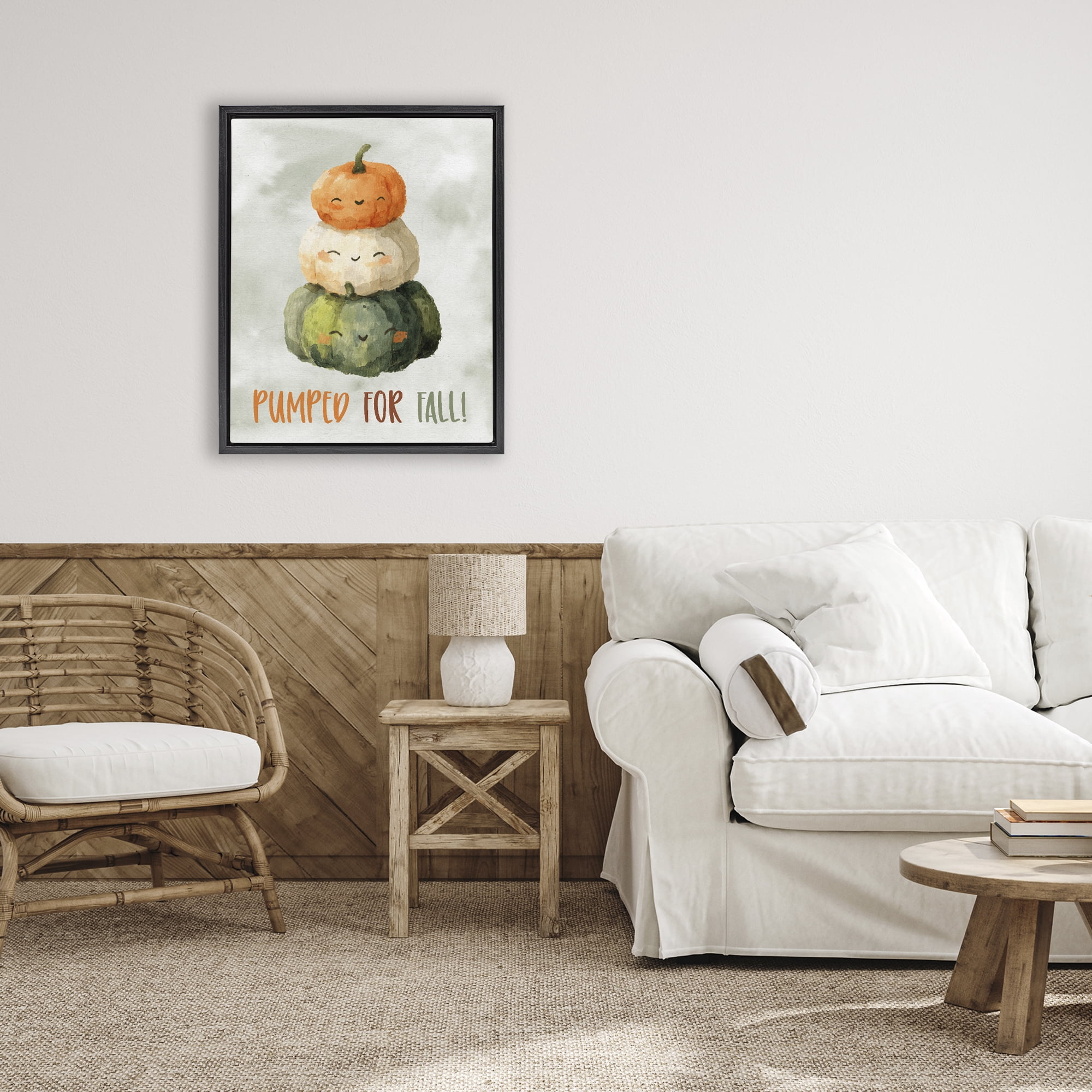 Stupell Industries Smiling Pumpkins Pumped For Fall Black Framed Floater Canvas Wall Art, design by Ziwei Li