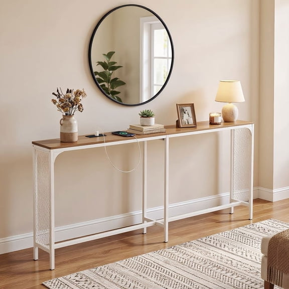 Resenkos 71 Inch Slim Entryway Table with Power Outlet, Narrow Console Table with Charging Ports for Small Space, Bedroom, Natural