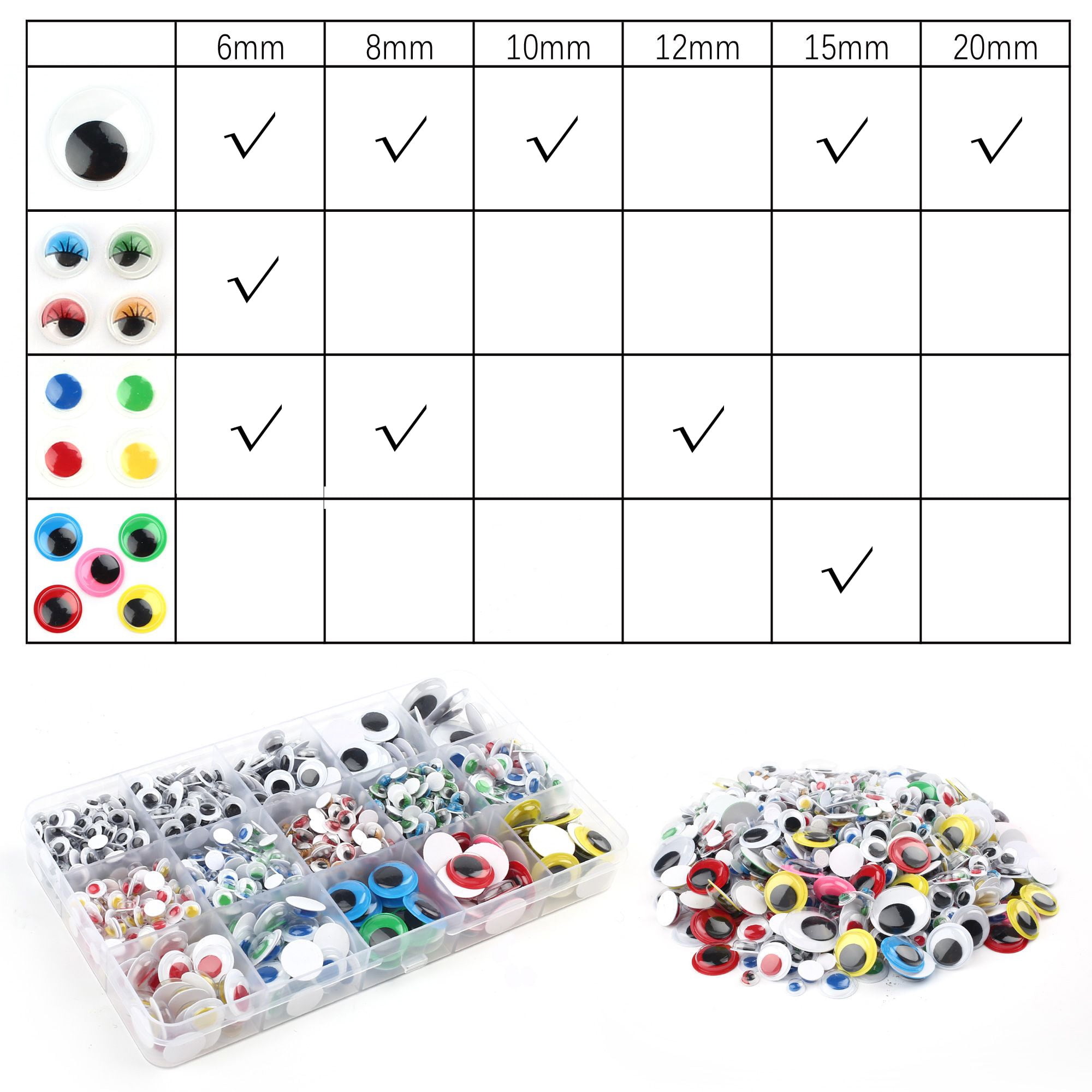 LotFancy 1100pcs Wiggle Googly Eyes for Crafts, Self-Adhesive Multi Colored  Assorted Sizes (6mm, 8mm, 10mm, 12mm, 15mm, 20mm), Google Eyes Stickers
