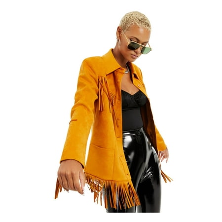 DANIELLE BERNSTEIN Womens Gold Fringed Faux Suede Pocketed Button Down Jacket XS