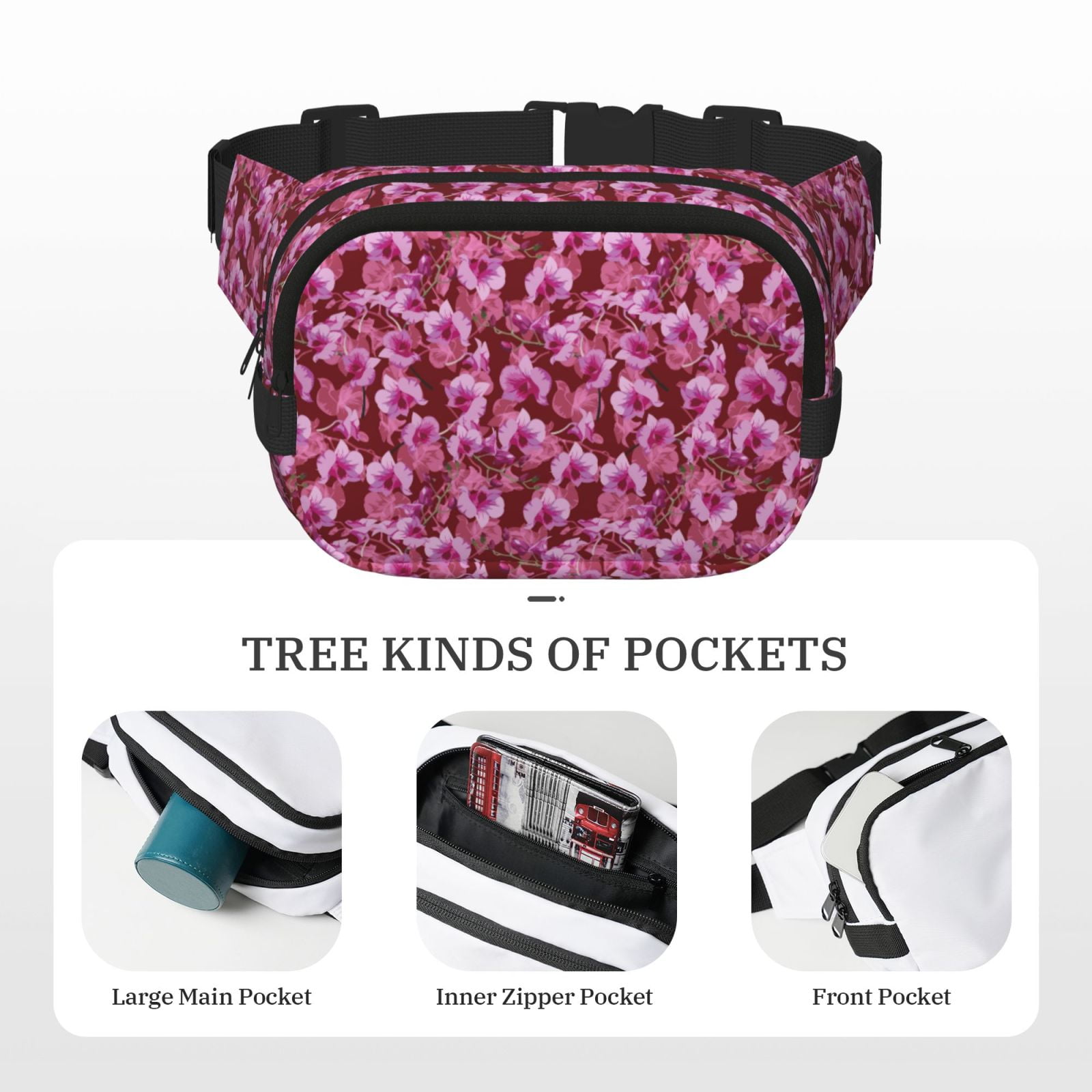 Picia Orchids Flowers Print Square Double-Layer Waist Bag Mini Adjustable Waist Belt Bag Exercise Running Travel Hiking