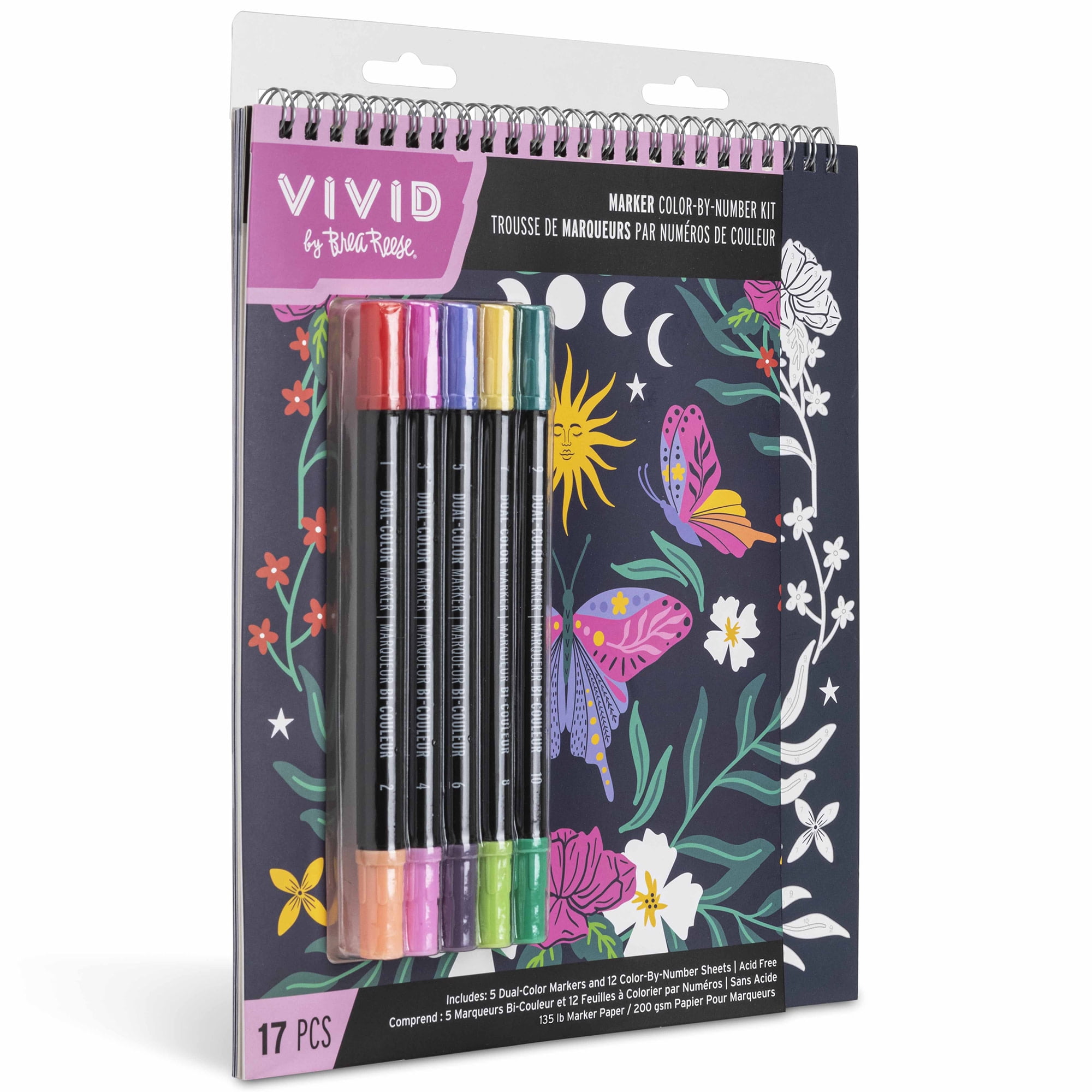 Vivid by Brea Reese: Marker Color-By-Number Kit - Whimsical Botanicals - 5 Dual-Sided Markers, 12 Coloring Pages, Nature-Animal Theme, Spiral Art Pad
