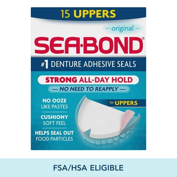 Sea Bond Secure Denture Adhesive Seals, Original Uppers, Zinc-Free, All-Day-Hold, Mess-Free, 15 Count