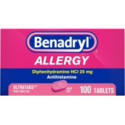 Benadryl Ultratabs Antihistamine Allergy Relief Medicine, Diphenhydramine HCl Tablets for Relief of Cold & Allergy Symptoms Such as Sneezing, Runny Nose, & Itchy Eyes & Throat, 100