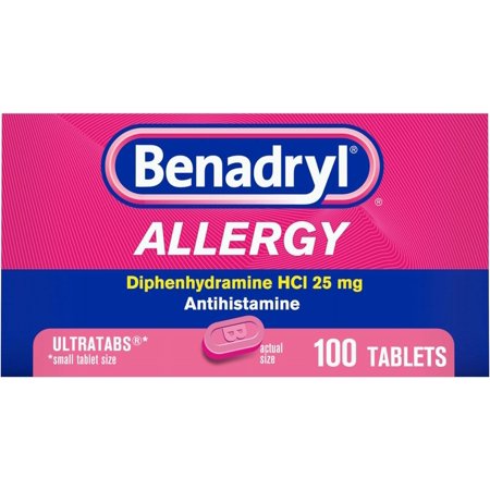Benadryl Ultratabs Antihistamine Allergy Relief Medicine, Diphenhydramine HCl Tablets for Relief of Cold & Allergy Symptoms Such as Sneezing, Runny Nose, & Itchy Eyes & Throat, 100