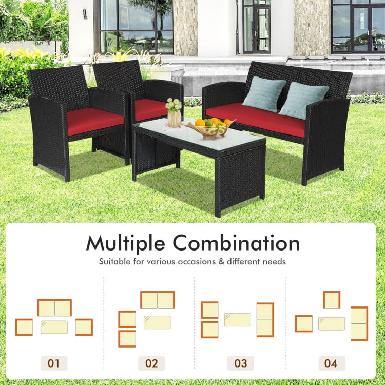 Aimee Lii 4 Pieces Wicker Patio Furniture Set with Cushions, Wicker Outdoor Sectional with Weather Resistant Cushions and Tempered Glass Tabletop, Red Aimee Lii 4 Pieces Wicker Patio Furniture Set with Cushions, Wicker Outdoor Sectional with Weather Resistant Cushions and Tempered Glass Tabletop, Red