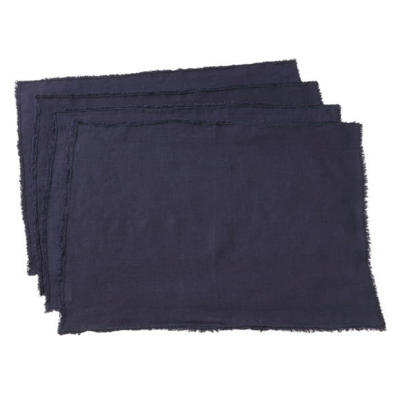 Saro Lifestyle Fringed Design Stone Washed Linen Napkins or Placements (Set of 4) Midnight Blue Placemat 14 x 20 Rectangle