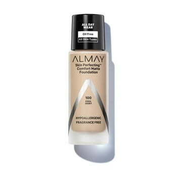 Almay Skin Perfecting Comfort Matte Foundation, Hypoenic, Cruelty Free, Fragrance Free, Dermatologist Tested Liquid Makeup, 100 Cool Ivory, 1 fl oz