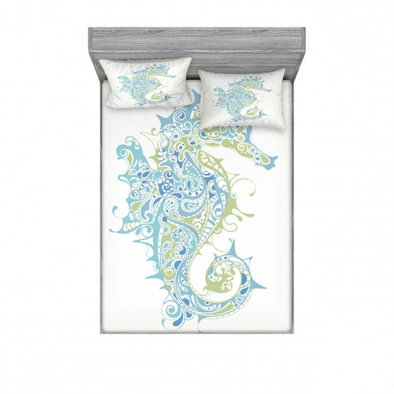 Ambesonne Ocean Fitted Sheet & Pillow Sham Set, Greek Seahorse Mythological, Full, Pale Blue Green