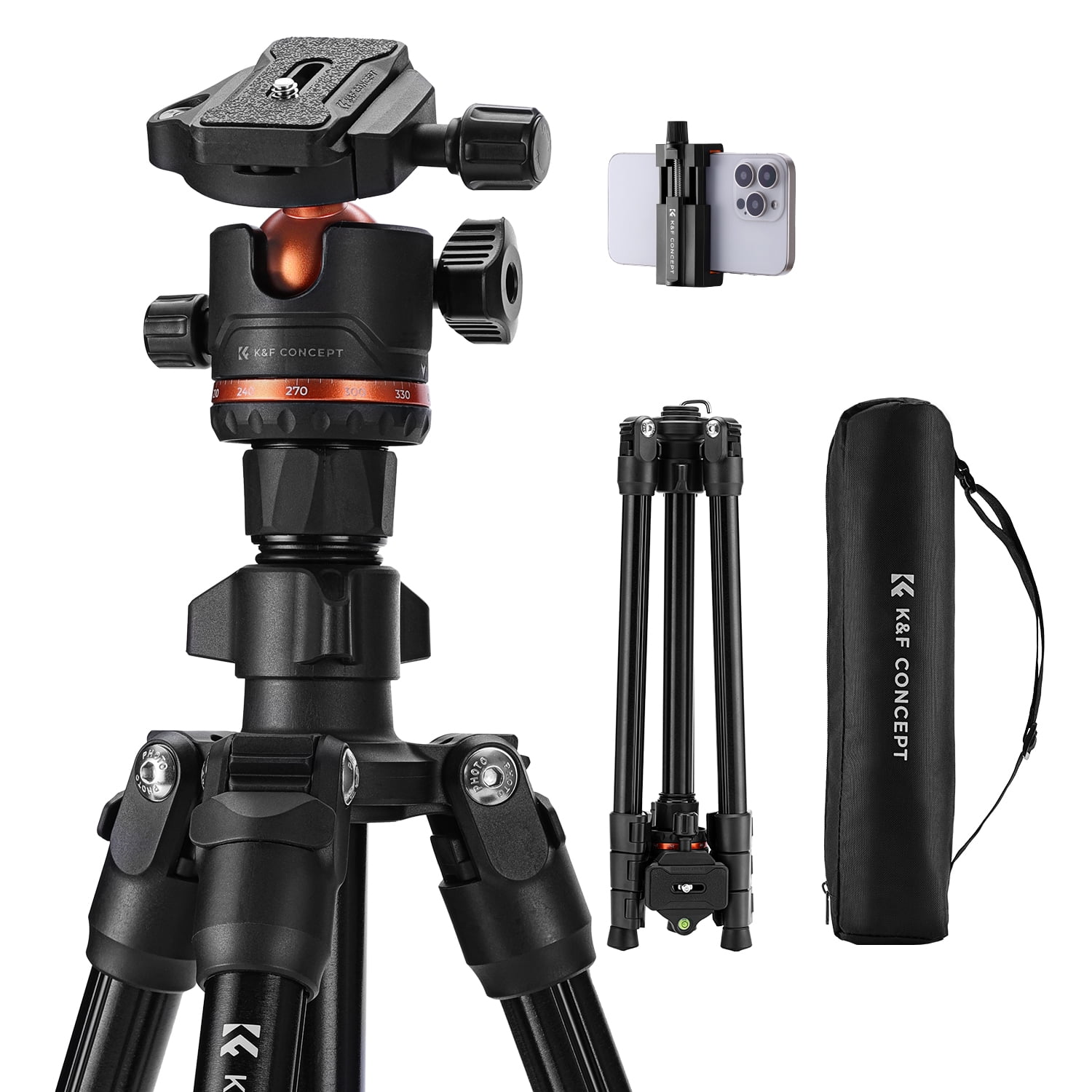 K&F Concept 70" Lightweight Professional Travel Outdoor DSLR Tripods with 360 Degree Ball Head Load Capacity 17.6lbs, for Smartphone/Vlog