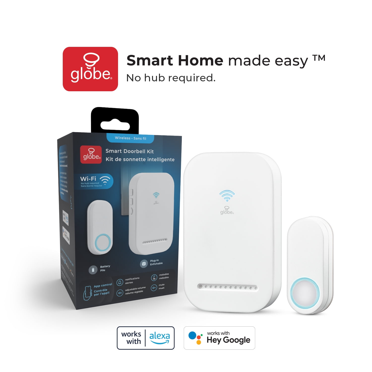 Globe Electric Wi-Fi Smart Wireless Doorbell Chime Kit with Lighted Plug-In Chime and Battery Operated Lighted Doorbell