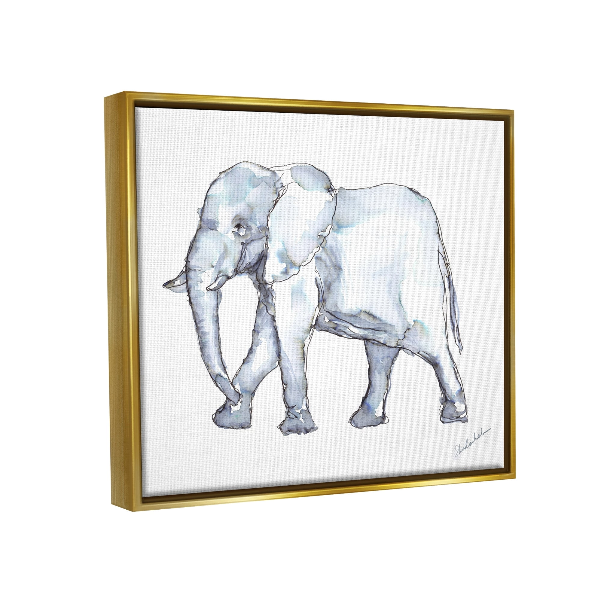 Stupell Industries Elephant Walking Casual Watercolor Sketch Style Painting Metallic Gold Floating Framed Canvas Print Wall Art, Design by Kendra Shedenhelm