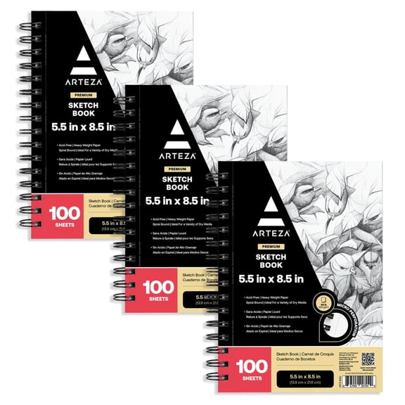 Arteza 5.5" x 8.5" Spiral-Bound Sketchbook, 100 Pages, Set of 3