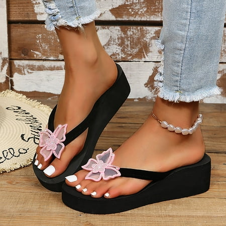 

SUODUI Women s Slippers Women s Summer New Foreign Trade Large Size Pintoed Herringbone Color Diamond Butterfly Decorative Thick Sole Wedge Slippers Red 8.5