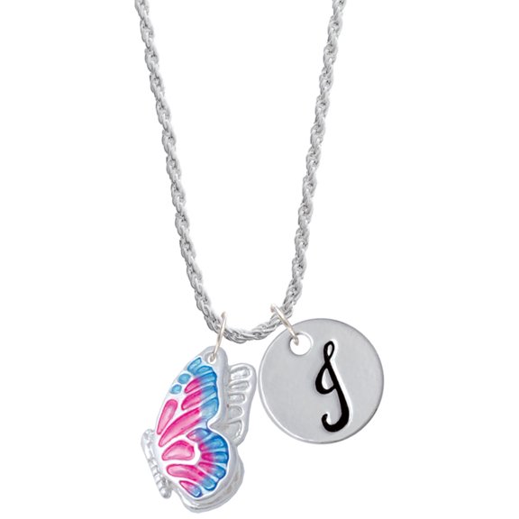 Delight Jewelry Silvertone Large Translucent Hot Pink & Blue Flying Butterfly Silvertone Script Initial Disc - J - Charm Necklace, 20"+3"