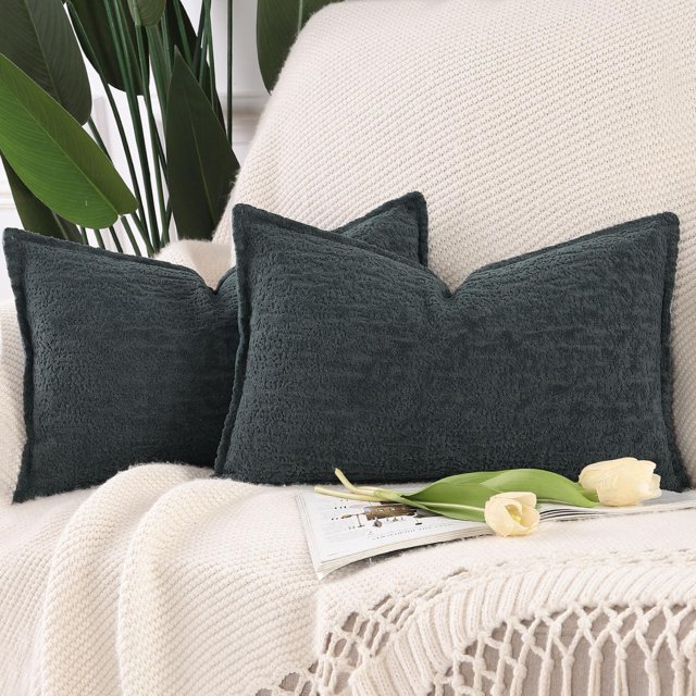 Juego de 2 Suave Chenilla Decorativo Funda de cojíns de Terciopelo con Borde Neutras Fundas de Almohada Boho para Sofá Dormitorio Salón Azul Gris Rectangular