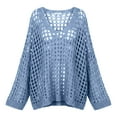 thumbnail image 6 of NTACZA Woman Sweater Hollowout Plus Size Blue V Neck Sweater Bell Sleeve Baggy Fishnet Knit Shirt Women's Jumper M, 6 of 6