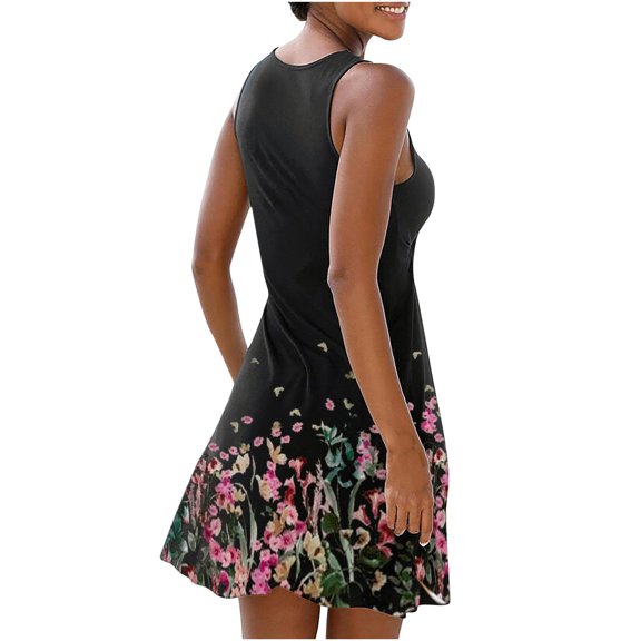 Patlollav Womens Plus Size Fashion Vintage O-Neck Sleeveless Flower Print Round Button Dresses