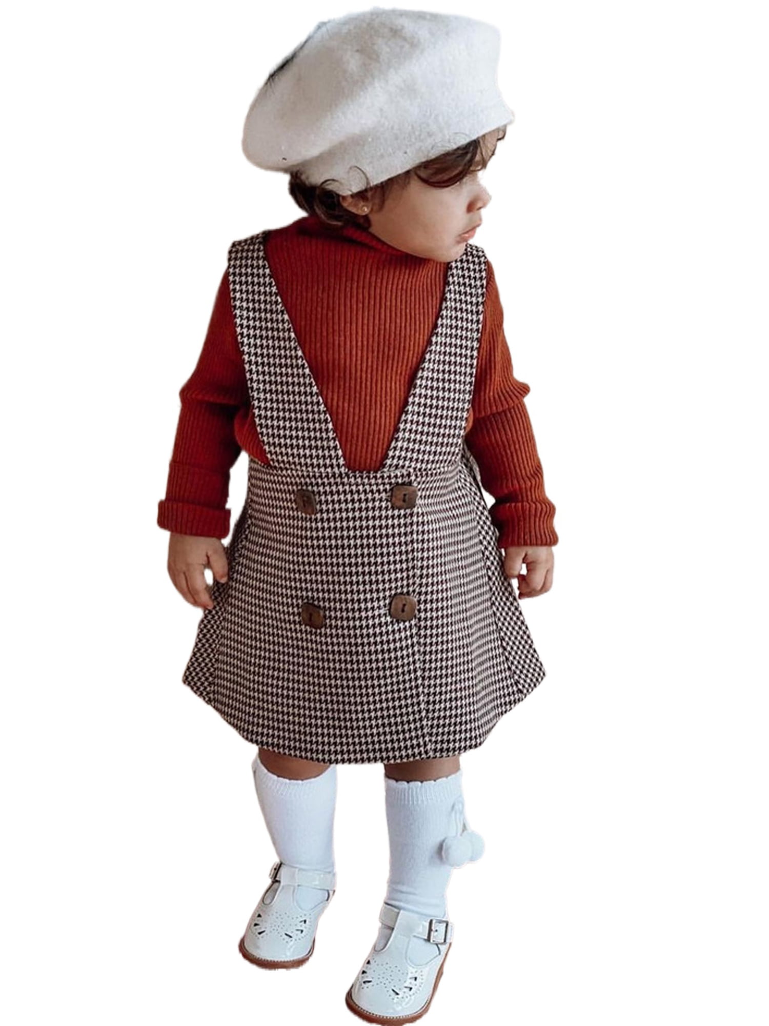 Toddler Girl Clothes Skirt Sets Long Sleeve Sweater Top and Suspender Plaid Skirts Fall Winter Clothes Set 