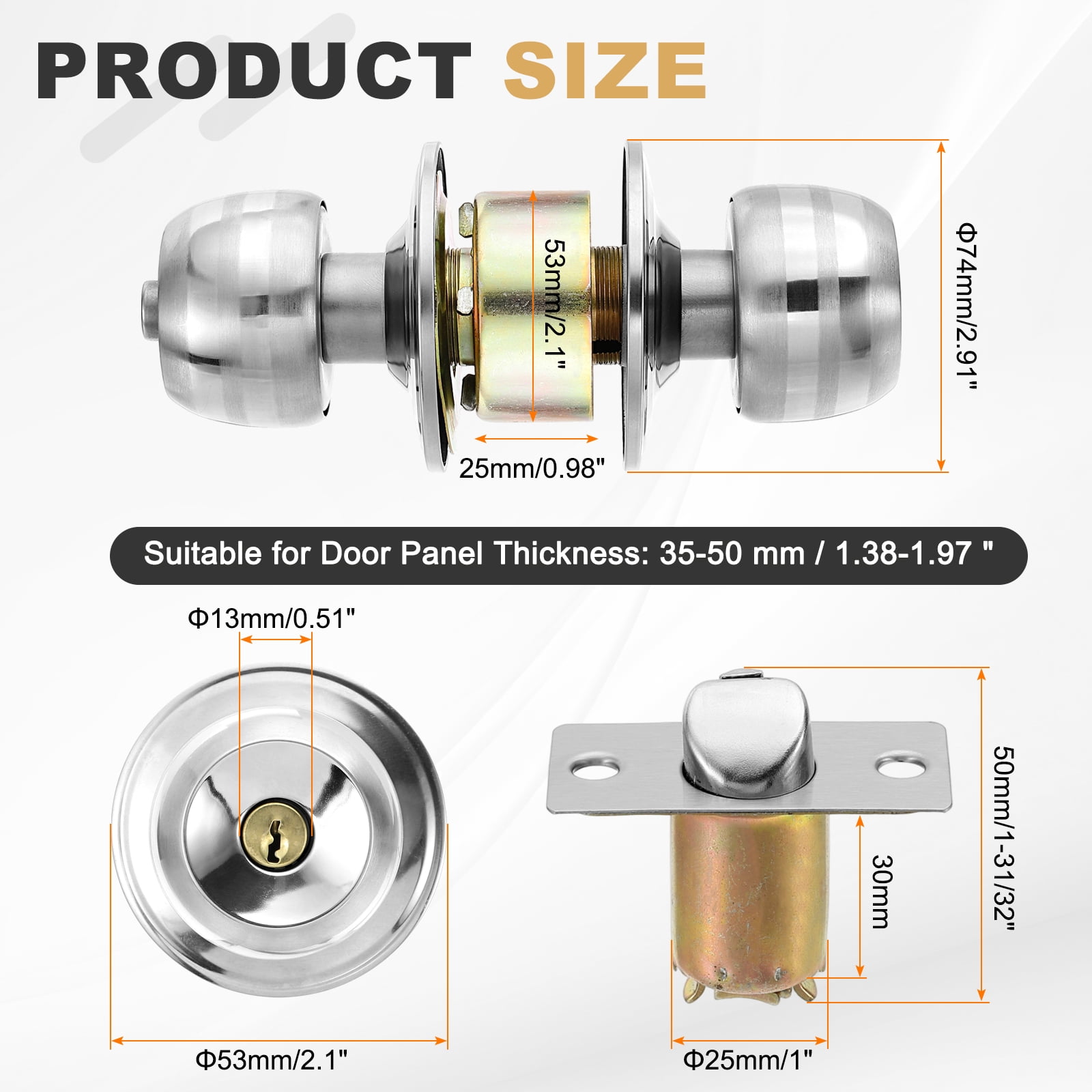 Keyed Entry Door Knobs, 50mm (1-31/32") Backset Stainless Steel Round Lock for Bedroom Bathroom
