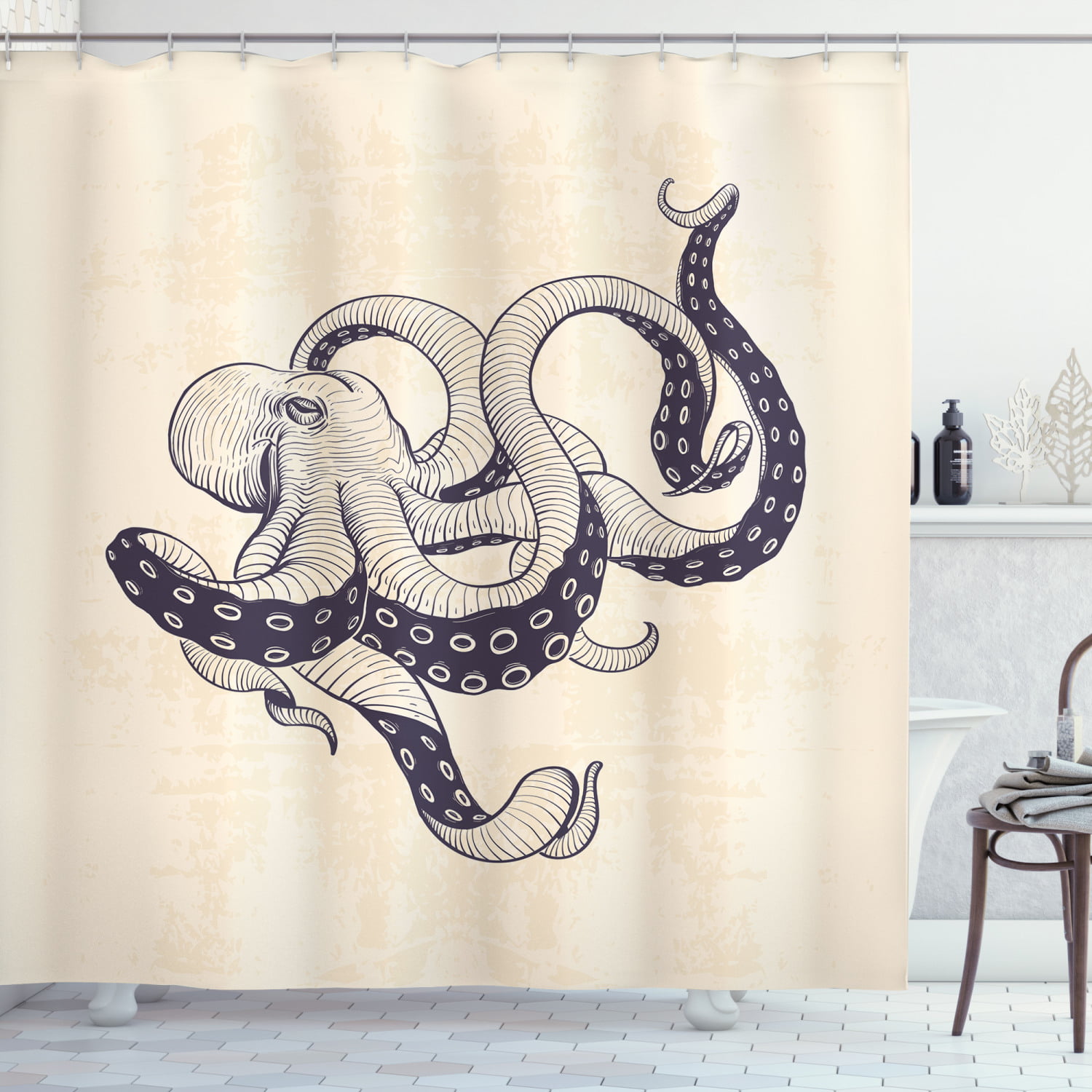 Hand Painted Octopus Ocean Animal Bathroom Fabric Shower Curtain Set 71Inches 