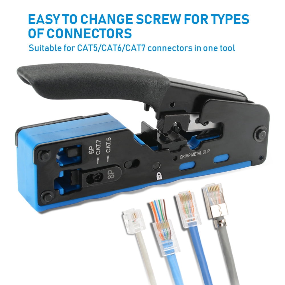 Professional RJ45 Crimp Tool with Pass-Through Technology - 8P8C Ethernet Cable Crimper, Stripper, and Cutter for Cat7, Cat6, Cat6a, Cat5e - All-in-One Network Cable Tool with Carbon Steel Body