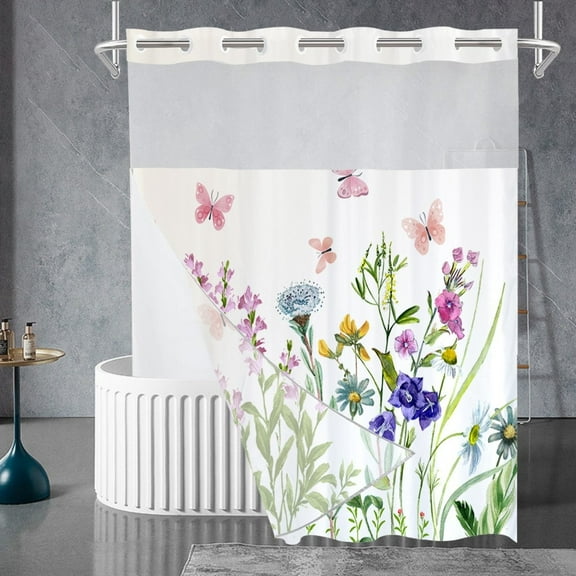 Zrodlmo No Hook Fabric Shower Curtain with Snap-in Liner, Modern Floral White Bathroom Curtain, 72" x 74", Purple