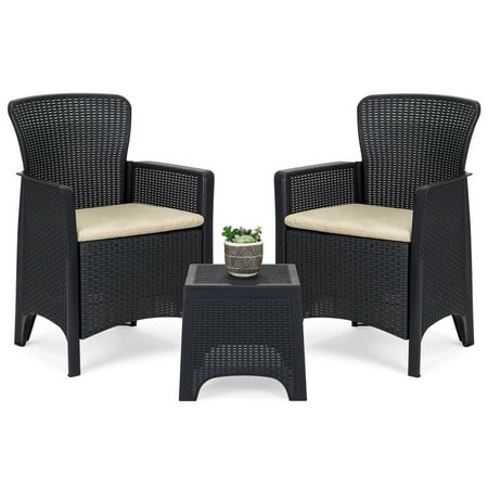 Best Choice Products 3-Piece Weather Resistant Patio Bistro Conversation Furniture Set w/ Side Table, 2 Armchairs -Black