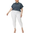 thumbnail image 2 of Unique Bargains Women's Plus Size Button Down Chambray Short Sleeve Shirts 1X Navy Blue, 2 of 6