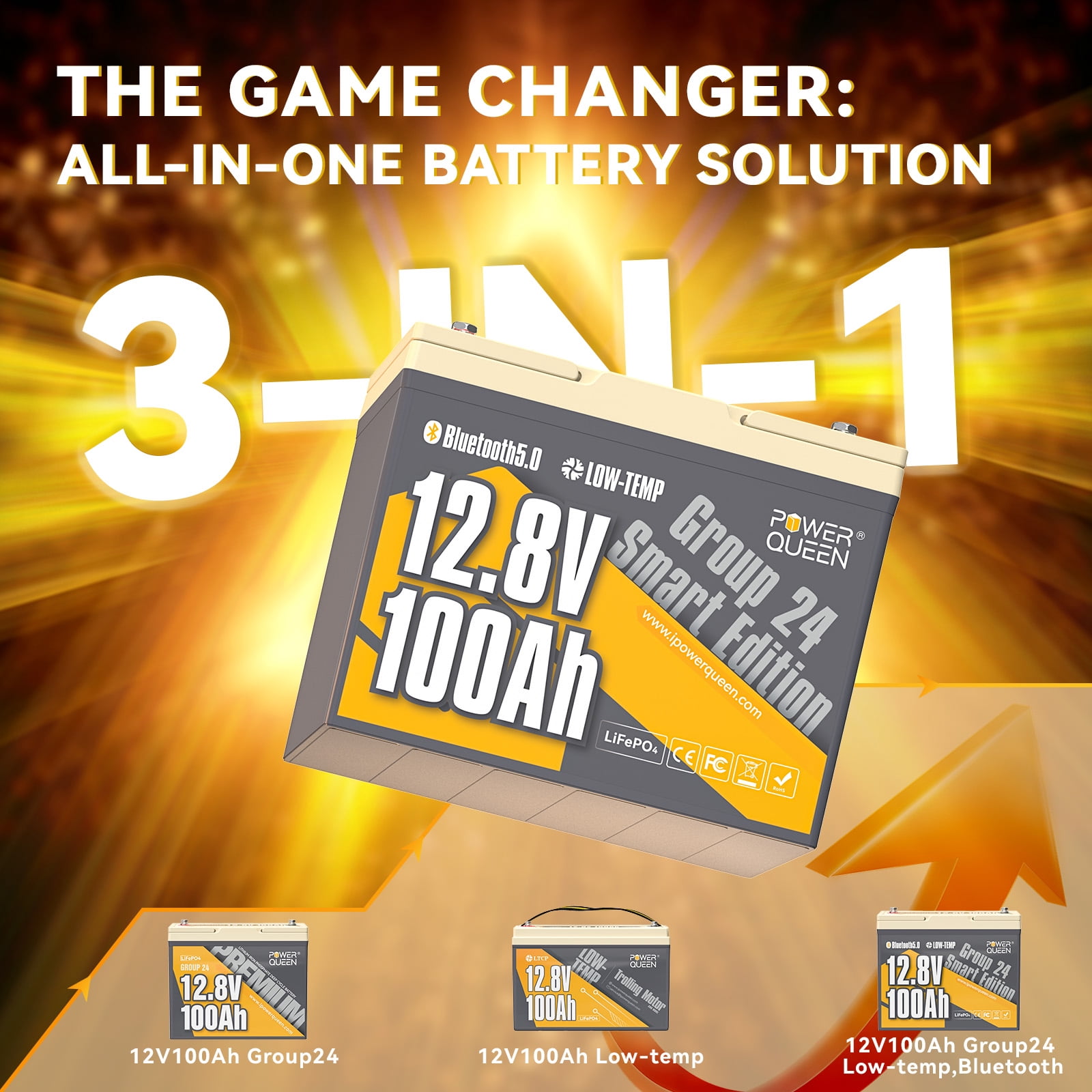 Power Queen 12V 100Ah Smart Group 24 Lithium LiFePO4 Battery with Bluetooth 5.0, Low-Temp Cut Off for RV,Trolling Motor,Solar
