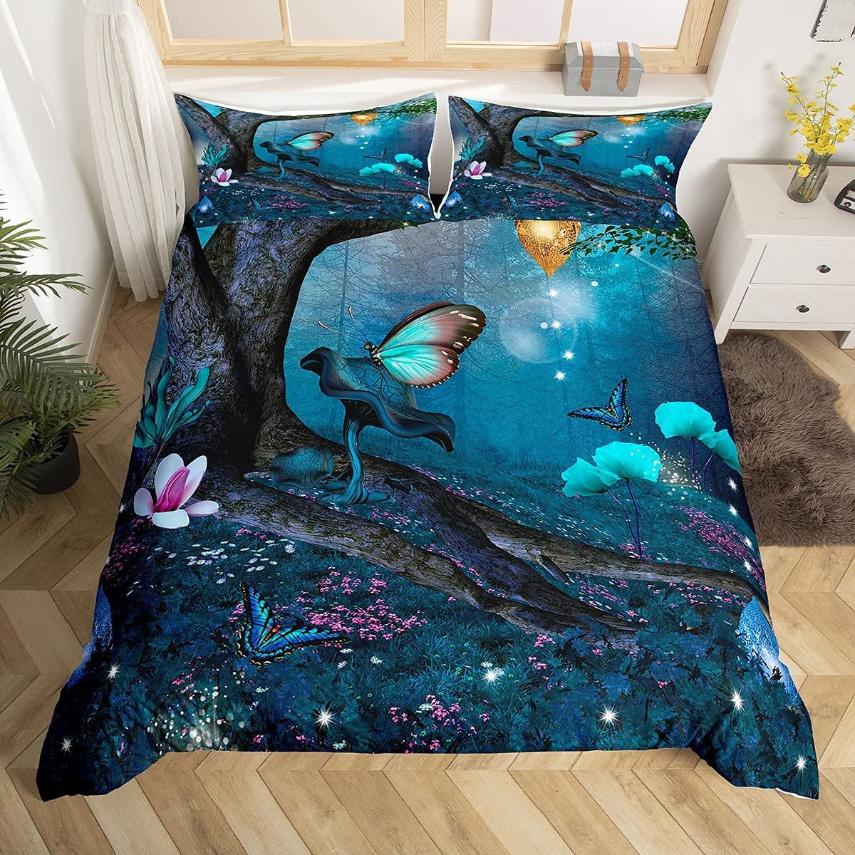 HHHC Butterfly Duvet Cover King Kids Girls Fantasy Dream Theme Teen Bedding Set with Zipper Ties Floral Printed Comforter Cover Set for Women Men Flower Pattern Mushroom Decor Quilt Walmart