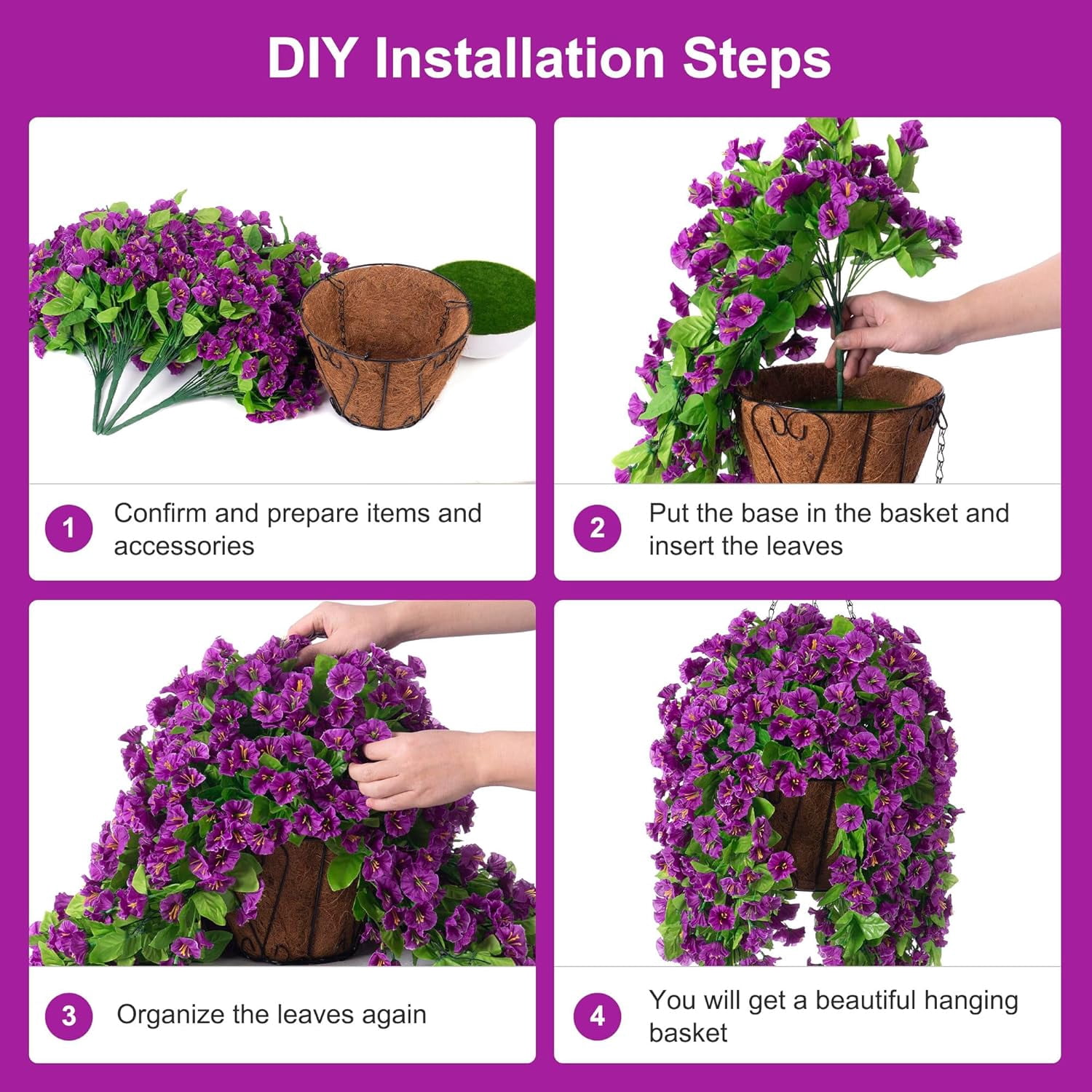 Artificial Faux Hanging Flowers Basket for Spring Outdoor Porch Decoration, Fake Silk Colorful Morning Glory Eucalyptus in Planter UV Resistant Look Real for Home Balcony Yard(Red Purple)
