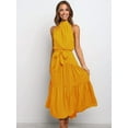 thumbnail image 6 of Women'S Summer Polka Dot Print Sleeveless Halter Neck Flowy Ruffle Hem Long Boho Dresses with Belt Yellow XL, 6 of 8