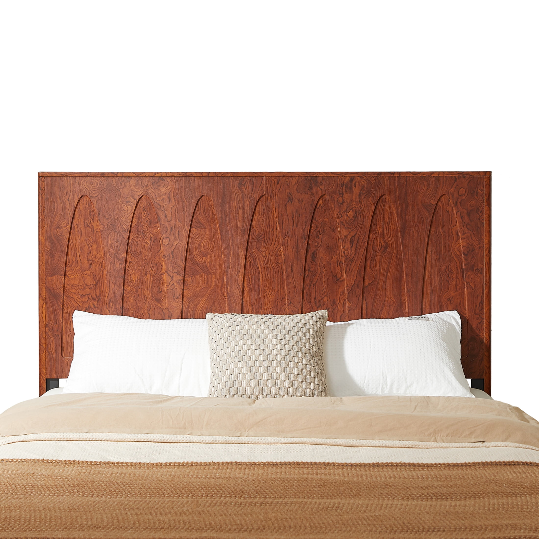 Noble House Queen Platform Bed Frame with Side Storage Drawers, Curved Wood Headboard, Natural Wood