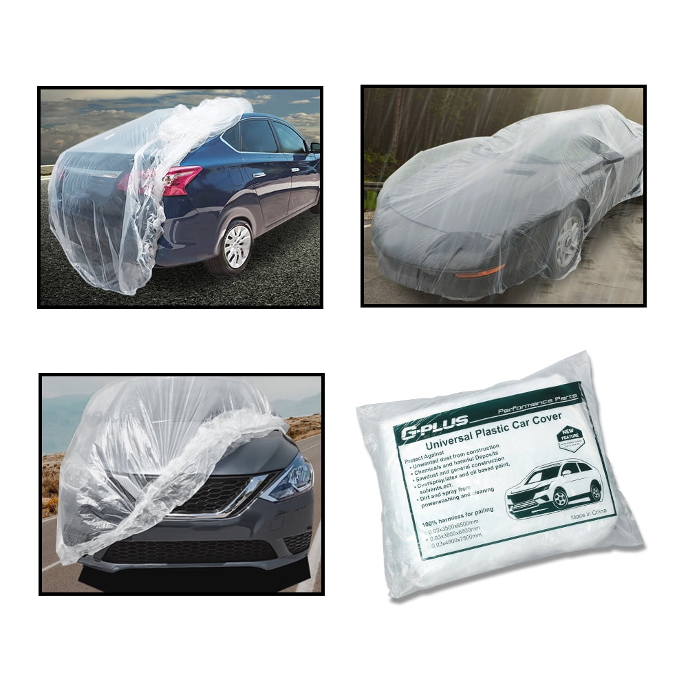 G Plus Universal Temporary Disposable Car Cover Rain Dust Garage 2 Pack Clear Plastic