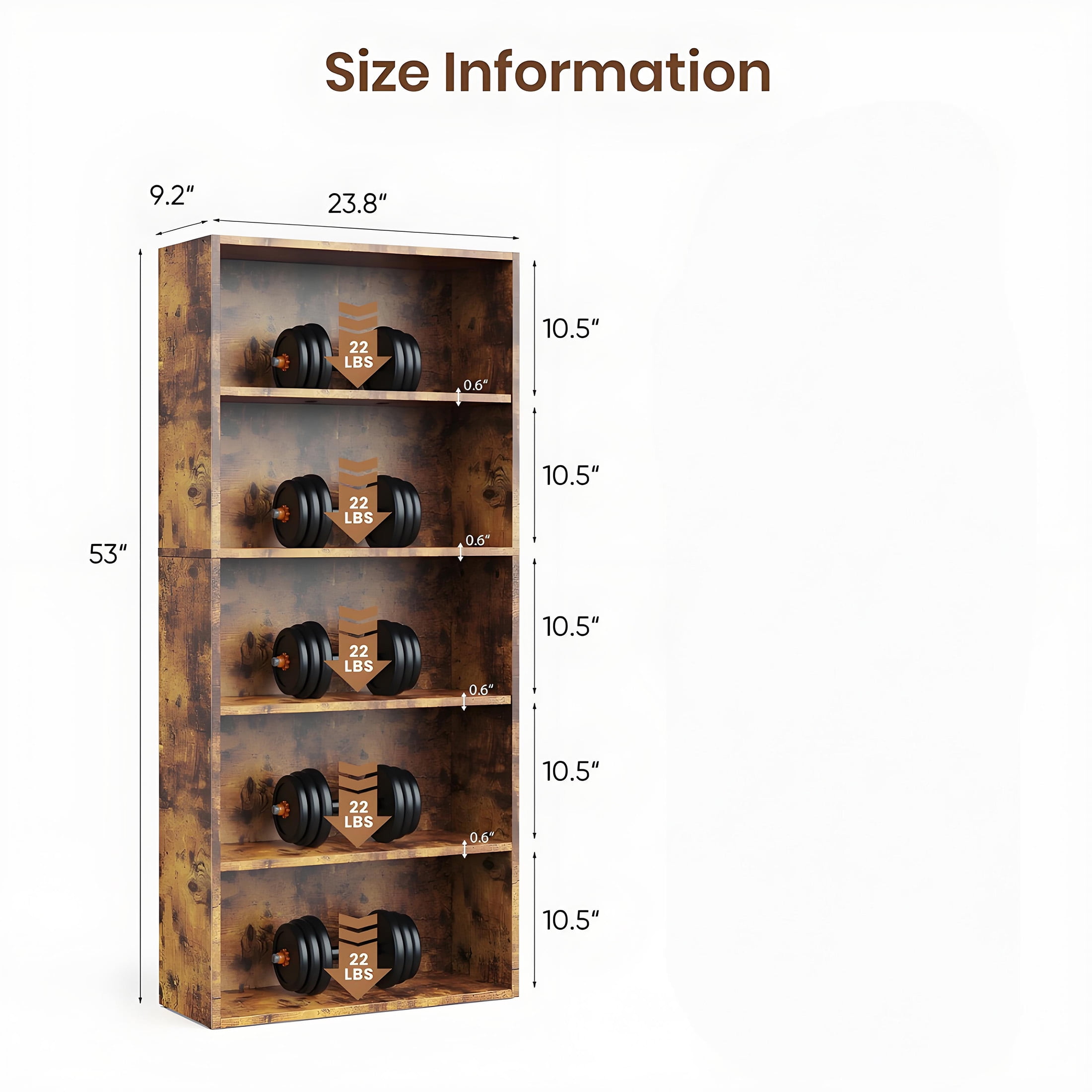 CONCETTA 5 Shelf Bookcase, 53 Inch Tall Floor Standing Open Bookshelf for Home Office and Living Room, Classic Rust